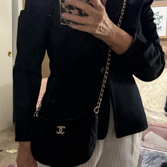 Auth. CHANEL Black Velvet Quilted Crossbody w Gold Hardware and Rhinestone “C’s” - Picture 7 of 16